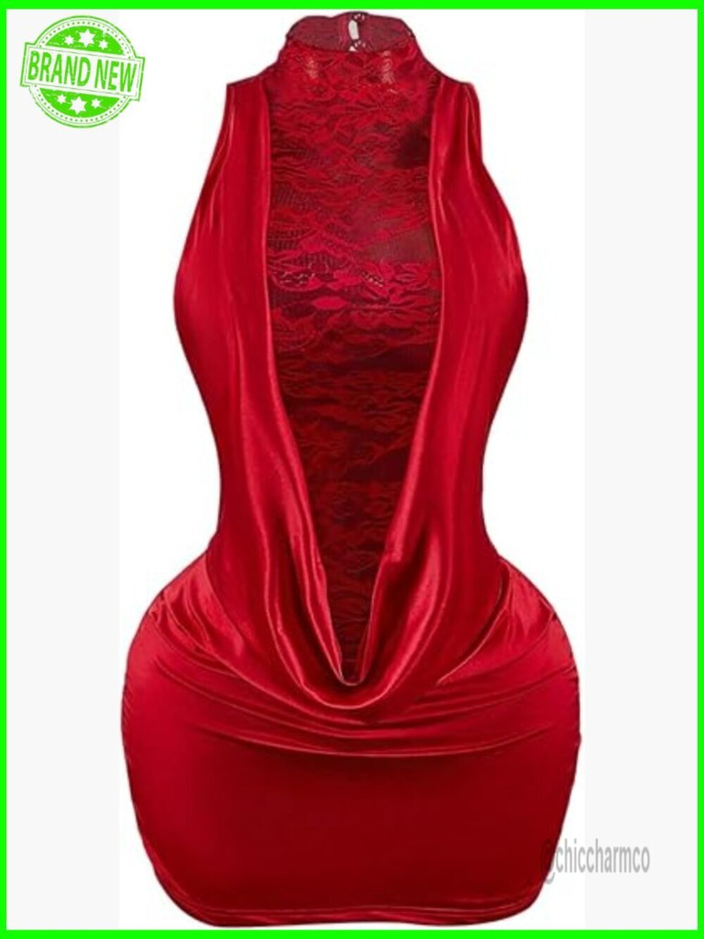 Sexy Mock Neck Lace Bodycon Mini Dress Sleeveless Ruched Party